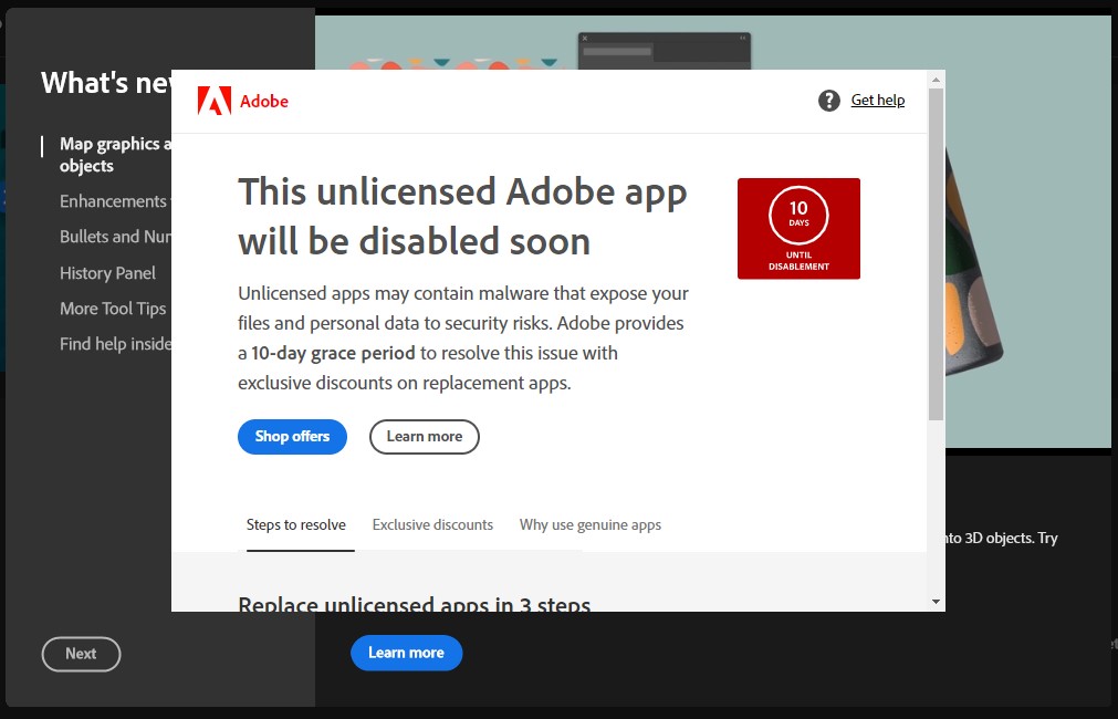 Hướng dẫn fix This unlicensed Adobe app will be disabled soon trên windows