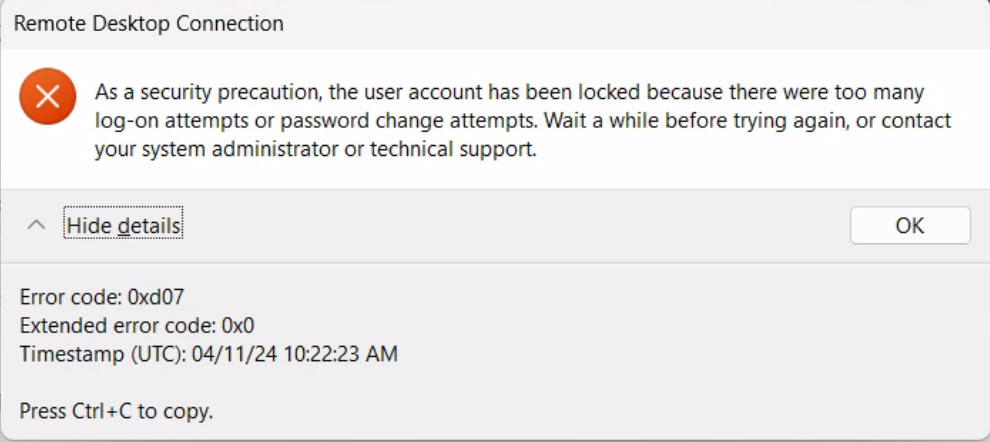 Fixing the error "the user account has been locked"