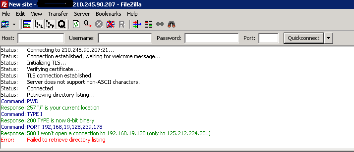 Khắc phục Failed to retrieve directory listing với FileZilla