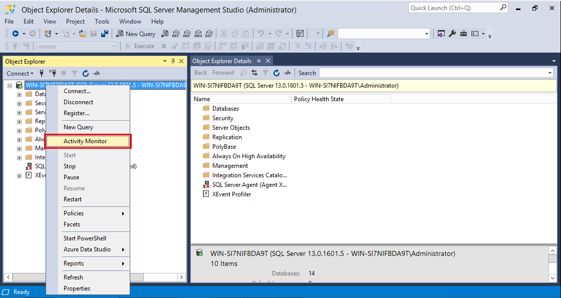 Selecting the Activity Monitor in SSMS