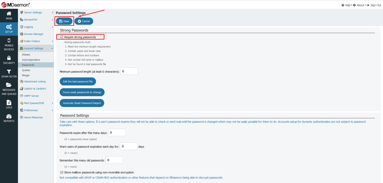 requre strong password mdaemon