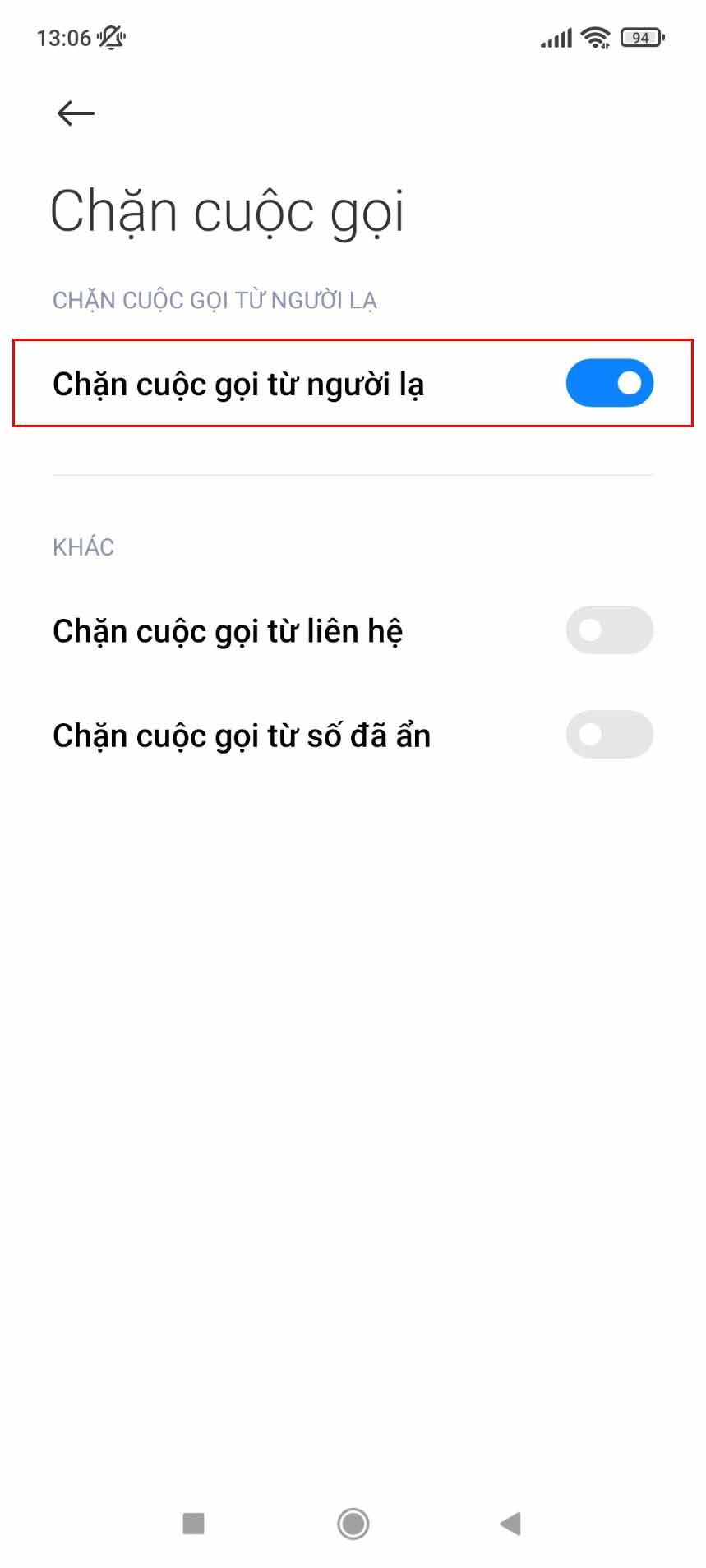 chặn cuộc gọi ngoài danh bạ